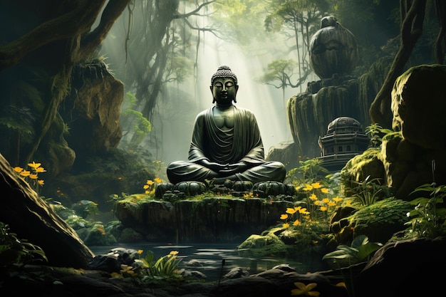 Antigua estatua religiosa hindú de Buda en la densa selva tropical