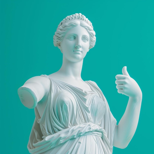 Antigua estatua de yeso que levanta el pulgar contra un fondo turquesa IA generativa