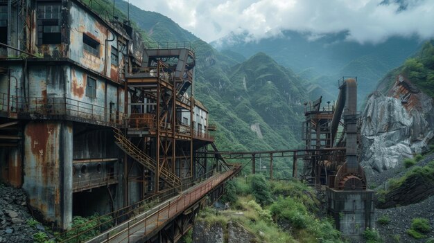 Foto la antigua fábrica enclavada entre majestuosas montañas