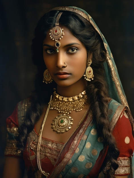 Antigua fotografía en color de una mujer india de principios del siglo XX.