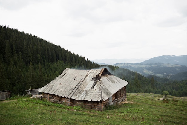 Antigua granja de madera en las montañas en un prado verde