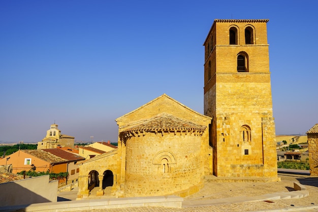 Antigua iglesia románica de piedra con campanario en la ciudad de San Esteban de Gormaz Soria