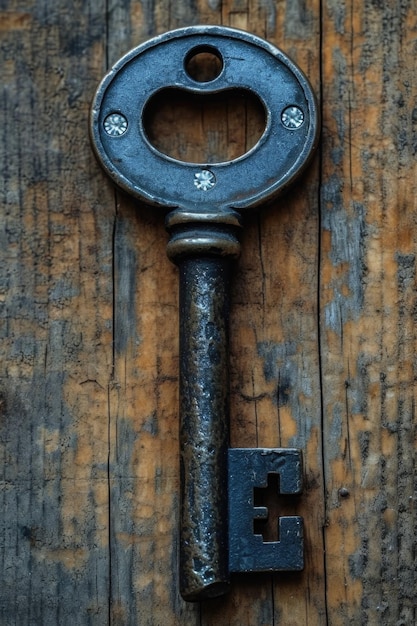 Una antigua llave de diseño con decoración de cerradura se encuentra sobre un fondo de madera