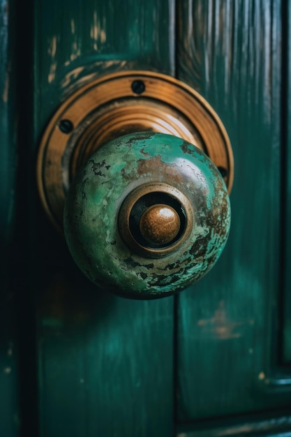 Una antigua manija de puerta de bronce oxidado en una puerta de madera verde Imagen generativa de IA