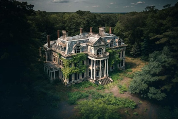 Foto una antigua mansión en el bosque con hiedra creciendo en las paredes.