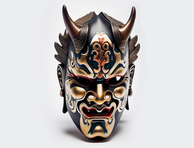 Antigua máscara teatral japonesa aislada sobre fondo blanco