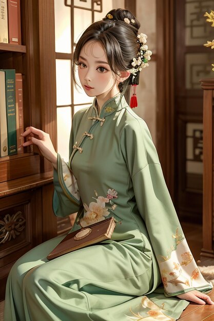 Antigua mujer hermosa en verde chino Hanfu cheongsam leyendo un libro en el estudio