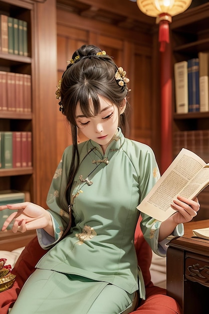 Antigua mujer hermosa en verde chino Hanfu cheongsam leyendo un libro en el estudio