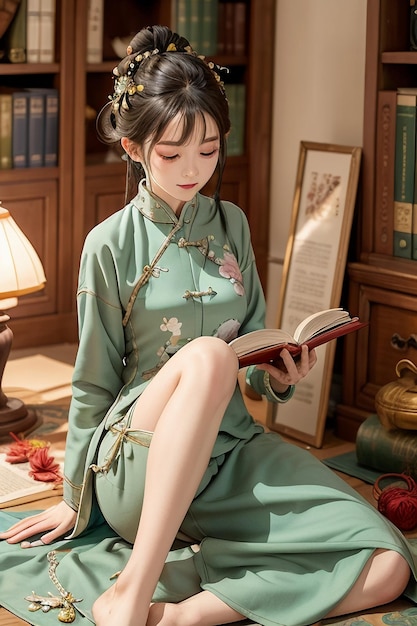 Antigua mujer hermosa en verde chino Hanfu cheongsam leyendo un libro en el estudio