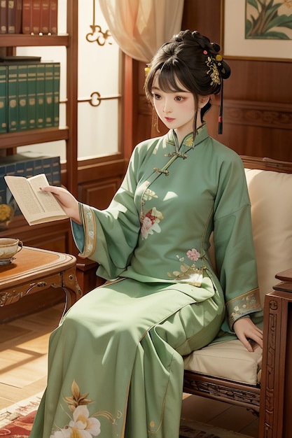 Antigua mujer hermosa en verde chino Hanfu cheongsam leyendo un libro en el estudio