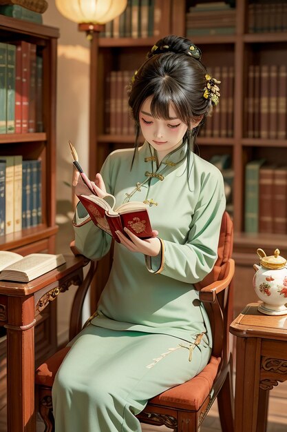 Antigua mujer hermosa en verde chino Hanfu cheongsam leyendo un libro en el estudio