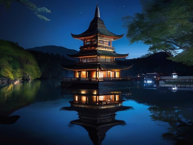 La antigua pagoda se refleja en el agua oscura iluminando la belleza nocturna