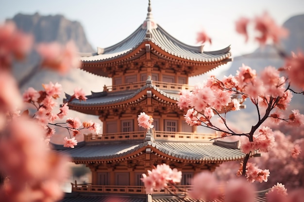 La antigua pagoda simboliza la espiritualidad en el este de Asia generada por la IA
