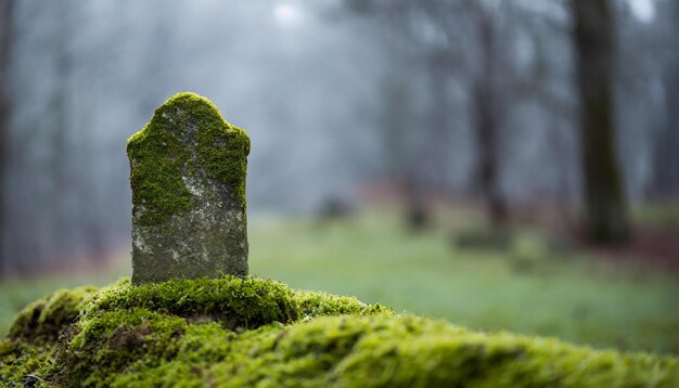 Antigua piedra funeraria en el bosque brumoso musgo verde tonos oscuros paisaje natural