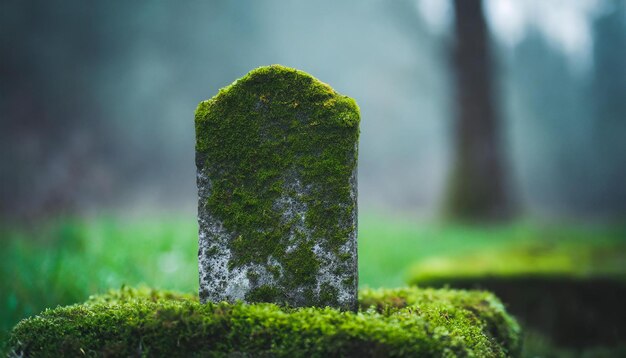 Antigua piedra funeraria en el bosque brumoso musgo verde tonos oscuros paisaje natural