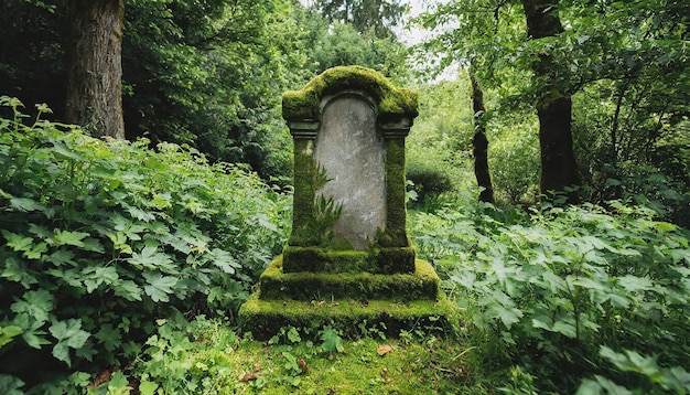 Antigua piedra funeraria en el bosque brumoso musgo verde tonos oscuros paisaje natural