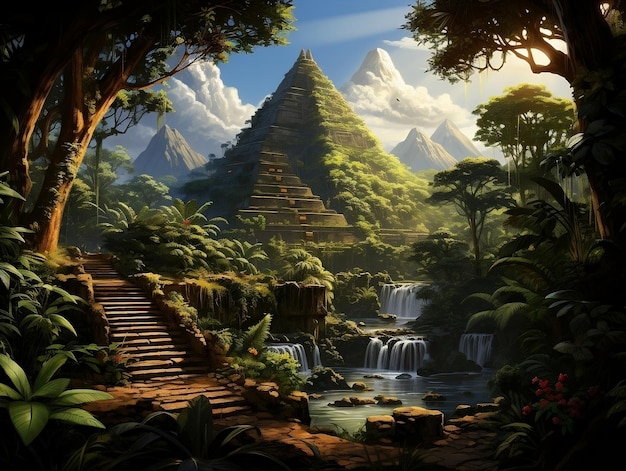 Una antigua pirámide maya que se eleva desde la exuberante y densa selva tropical