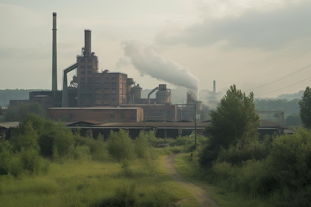 Antigua planta de carbón con smog y neblina visibles en el aire