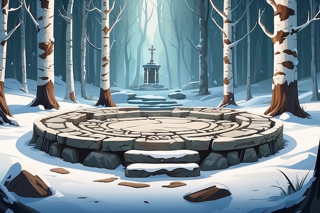 Antigua plataforma de piedra redonda celta con pilares en el bosque de invierno Ilustración de dibujos animados vectorial de bosque paisaje con abedules de nieve y viejo altar abandonado con símbolos paganos