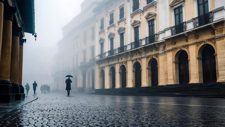 Una antigua plaza de una ciudad europea envuelta en una densa niebla en las ciudades generada por la IA
