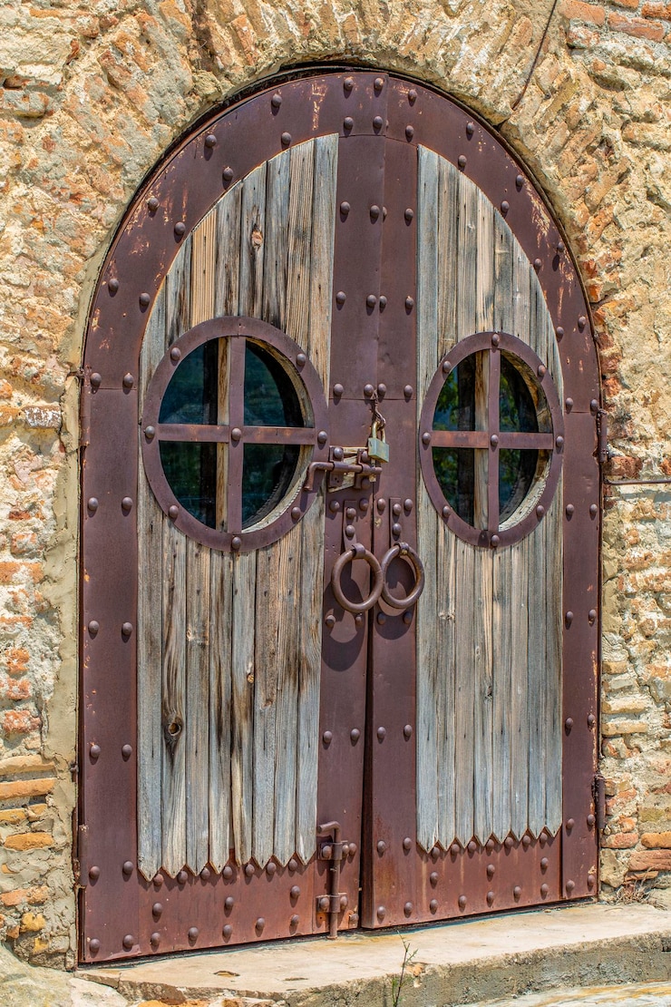 Foto la antigua puerta de madera sobre un muro de piedra con ventanas redondas