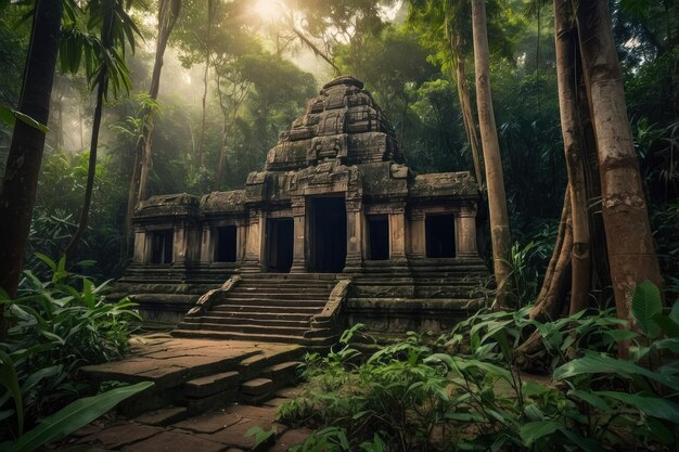 La antigua puerta del templo en un bosque exuberante