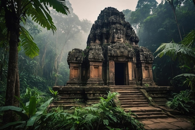La antigua puerta del templo en un bosque exuberante