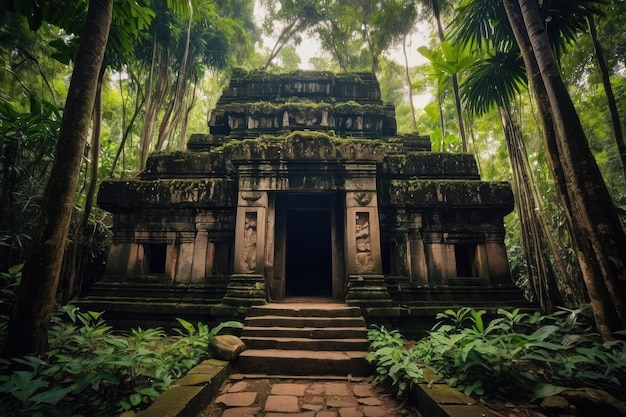 La antigua puerta del templo en un bosque exuberante