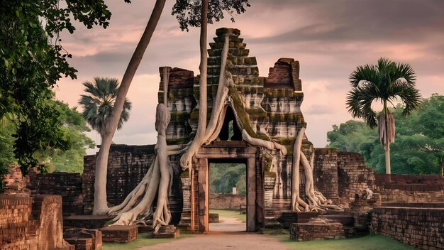 Foto la antigua puerta del tiempo en la bahía de la raíz de un árbol en ayutthaya, tailandia