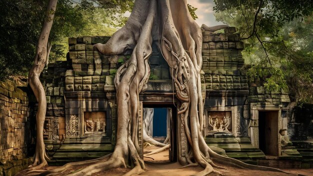 Foto la antigua puerta del tiempo en la bahía de la raíz de un árbol en ayutthaya, tailandia