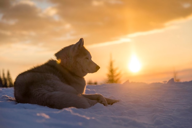Una antigua raza ártica, el Siberian Husky, se encuentra en el bosque en un día nevado de invierno en las montañas al atardecer