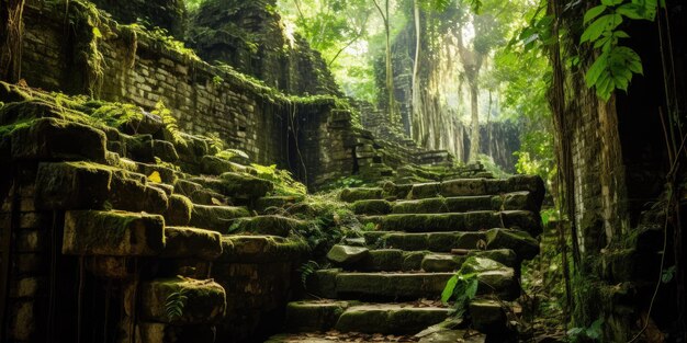 Foto antigua ruina en lo profundo de una selva cubierta descubre sus misterios y evoca el sentido de la exploración