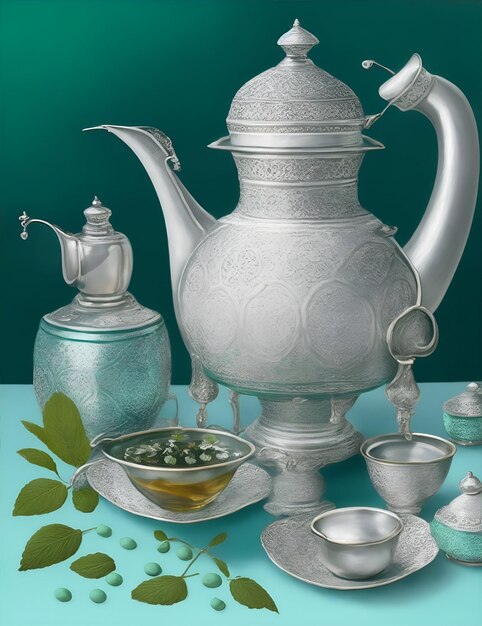 antigua tradición del té en tetera de plata y hojas de menta ilustración