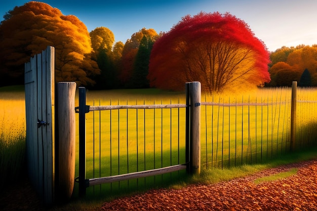La antigua valla y puerta de madera en otoño