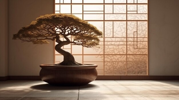 antigua ventana de madera con un gran árbol ai generativo