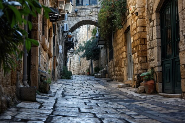 Las antiguas calles de piedra de Jerusalén El antiguo arco de piedra con iluminación de linterna en la Ciudad Vieja de Jerusalén de 1939 generó Ai.