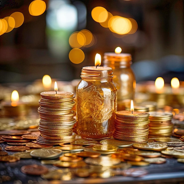 Antiguas monedas de oro y joyas en la mesa