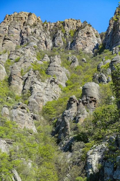 Antiguas montañas altas de piedra caliza de forma redondeada en la neblina de aire. El Valle de los Fantasmas. Demerdzhi. Crimea.