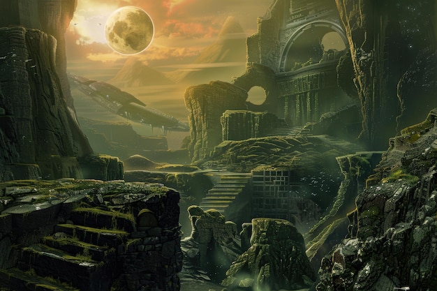 Antiguas ruinas alienígenas cubiertas de musgo en una luna lejana.