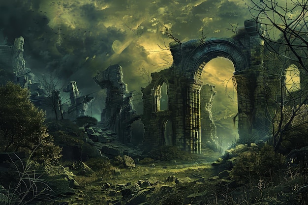 Antiguas ruinas de una civilización olvidada tragada por el bosque.