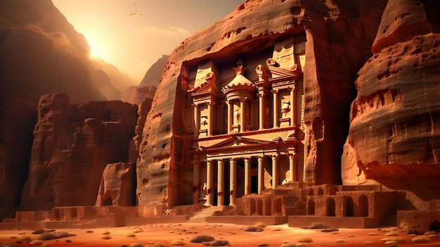 Las antiguas ruinas de Petra Jordania iluminadas por la suave luz del amanecer