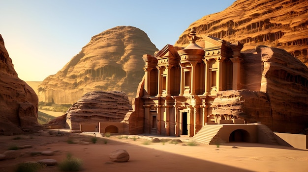 Las antiguas ruinas de Petra Jordania iluminadas por la suave luz del amanecer