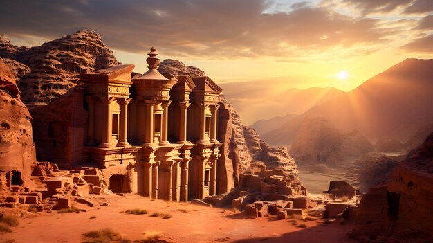 Las antiguas ruinas de Petra Jordania iluminadas por la suave luz del amanecer