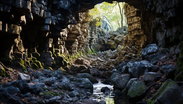 Foto antiguas ruinas de piedra en un bosque verde exuberante generado por la ia