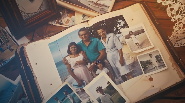 Foto antiguo álbum de fotos y fotografías de principios de la década de 1970 de la familia en una playa en un bulle ia generativa