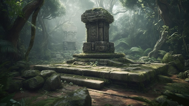 Antiguo altar de piedra en la ilustración de arte digital de la jungla AI generativa