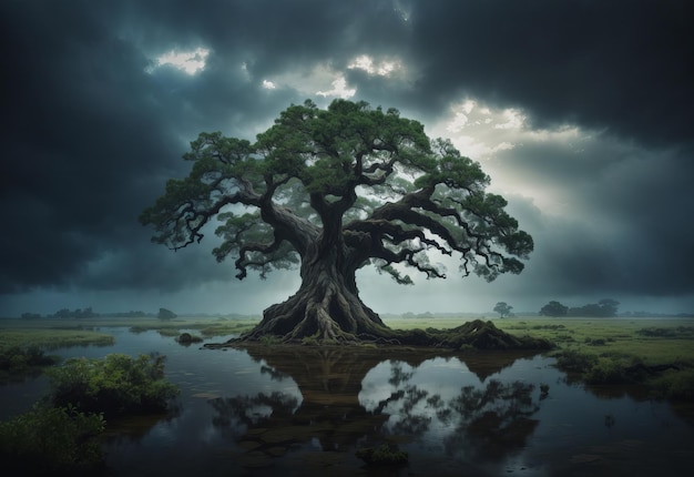 Un antiguo árbol embrujado realista, mágico y fantástico.