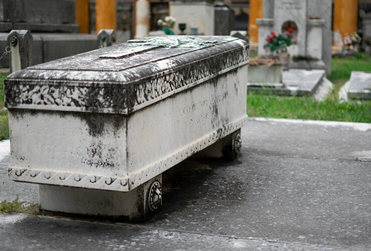 Antiguo ataúd tallado en piedra con un fondo borroso de cementerio y flores