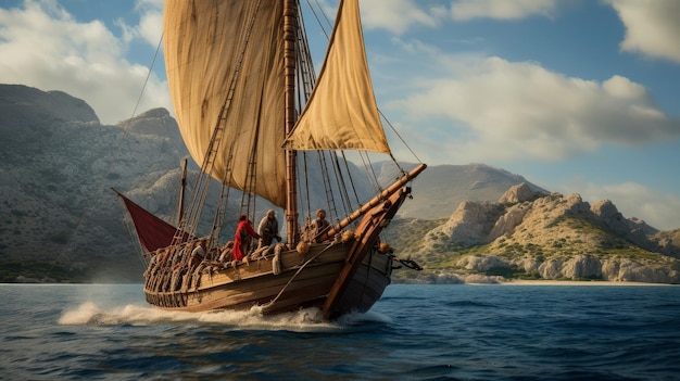 Un antiguo barco griego navegando con una vasta tripulación en togas de colores