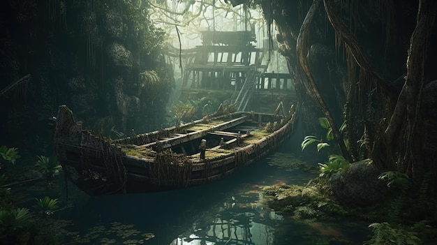 Antiguo barco hundido en pantano tropical ilustración de arte digital AI generativa